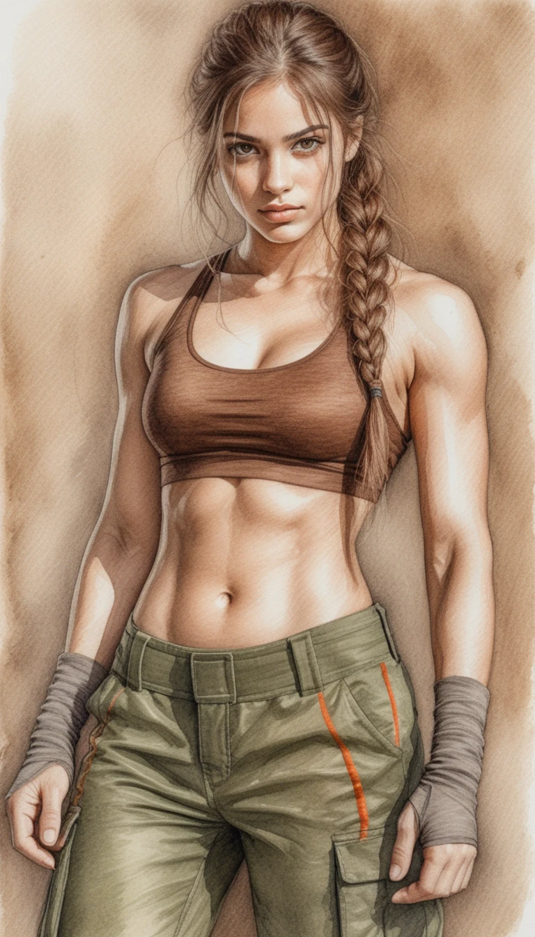 Intense athletic girl portrait in textured pencil drawing