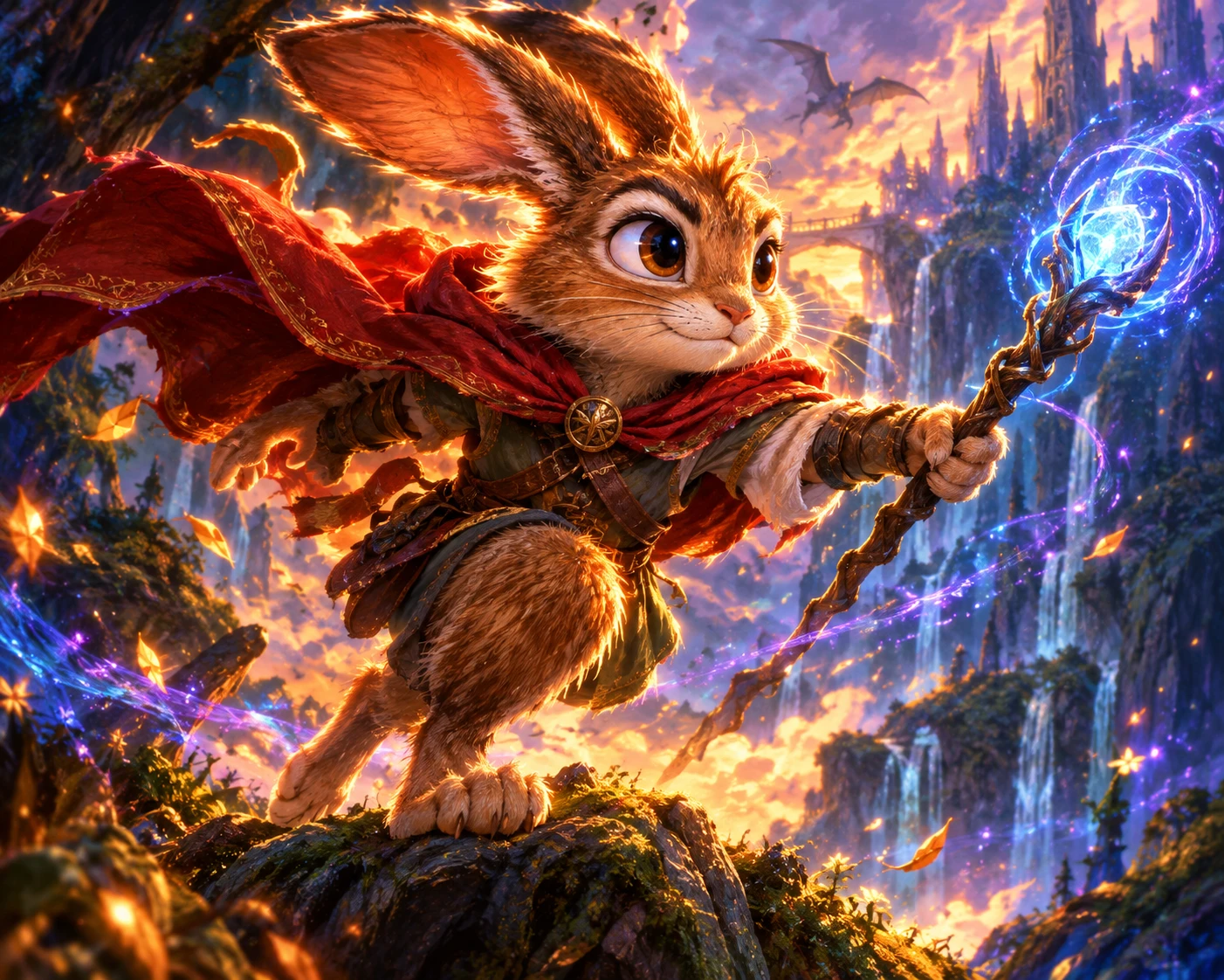 Fantasy‑Held in dynamischer Pose mit leuchtenden magischen Effekten
