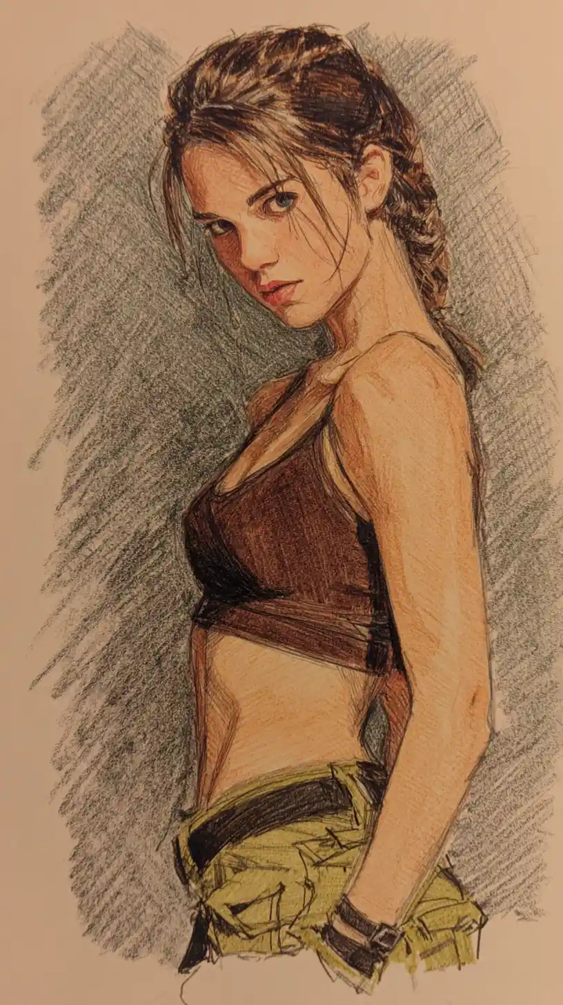 Athletic young woman portrait in detailed pencil hatching