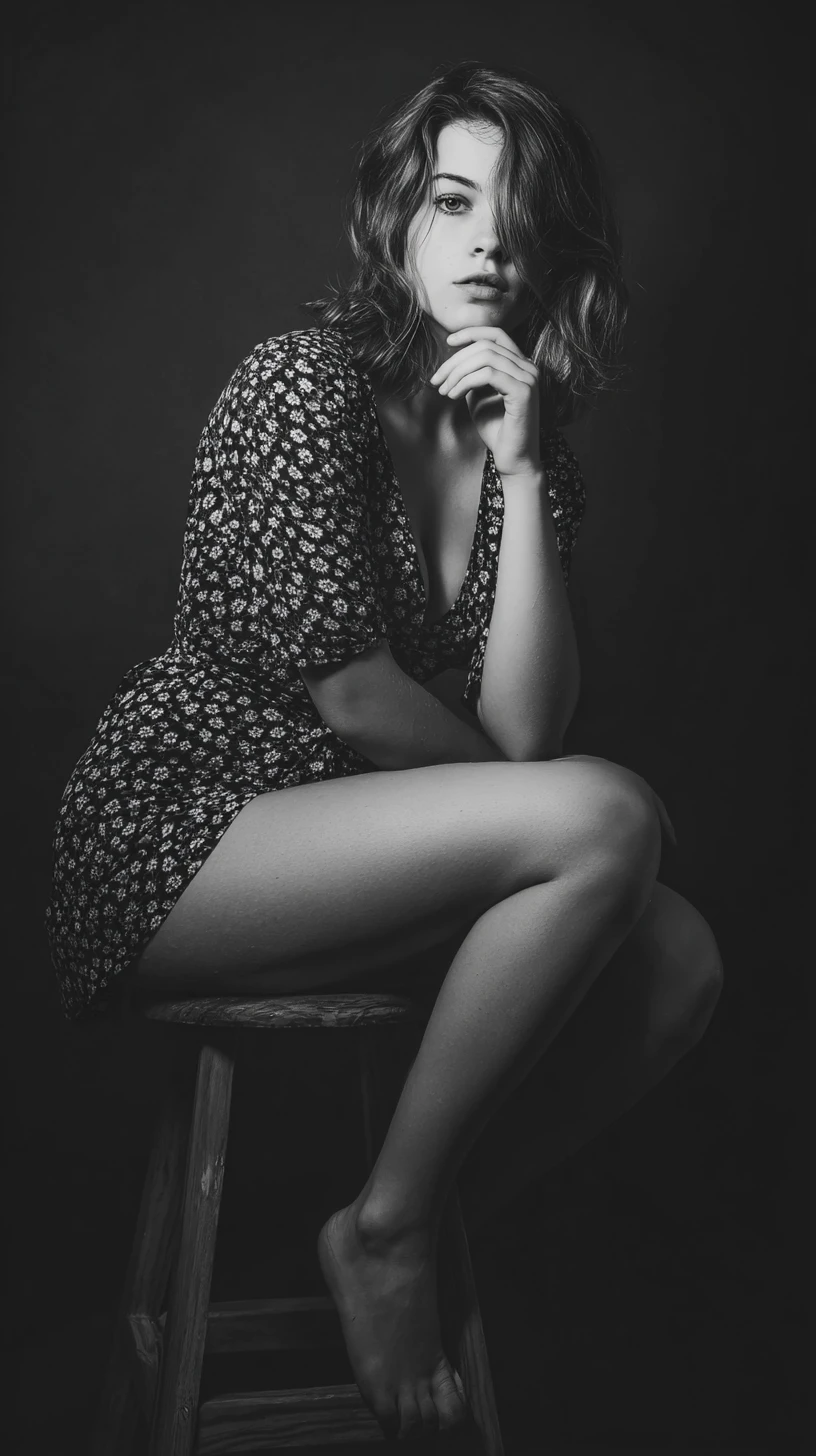 Studio black and white portrait of a young woman on stool