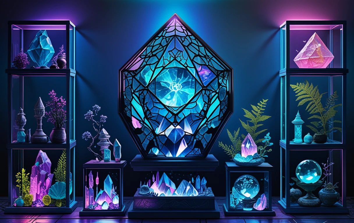 Crystal relic display with neon pink and blue line art