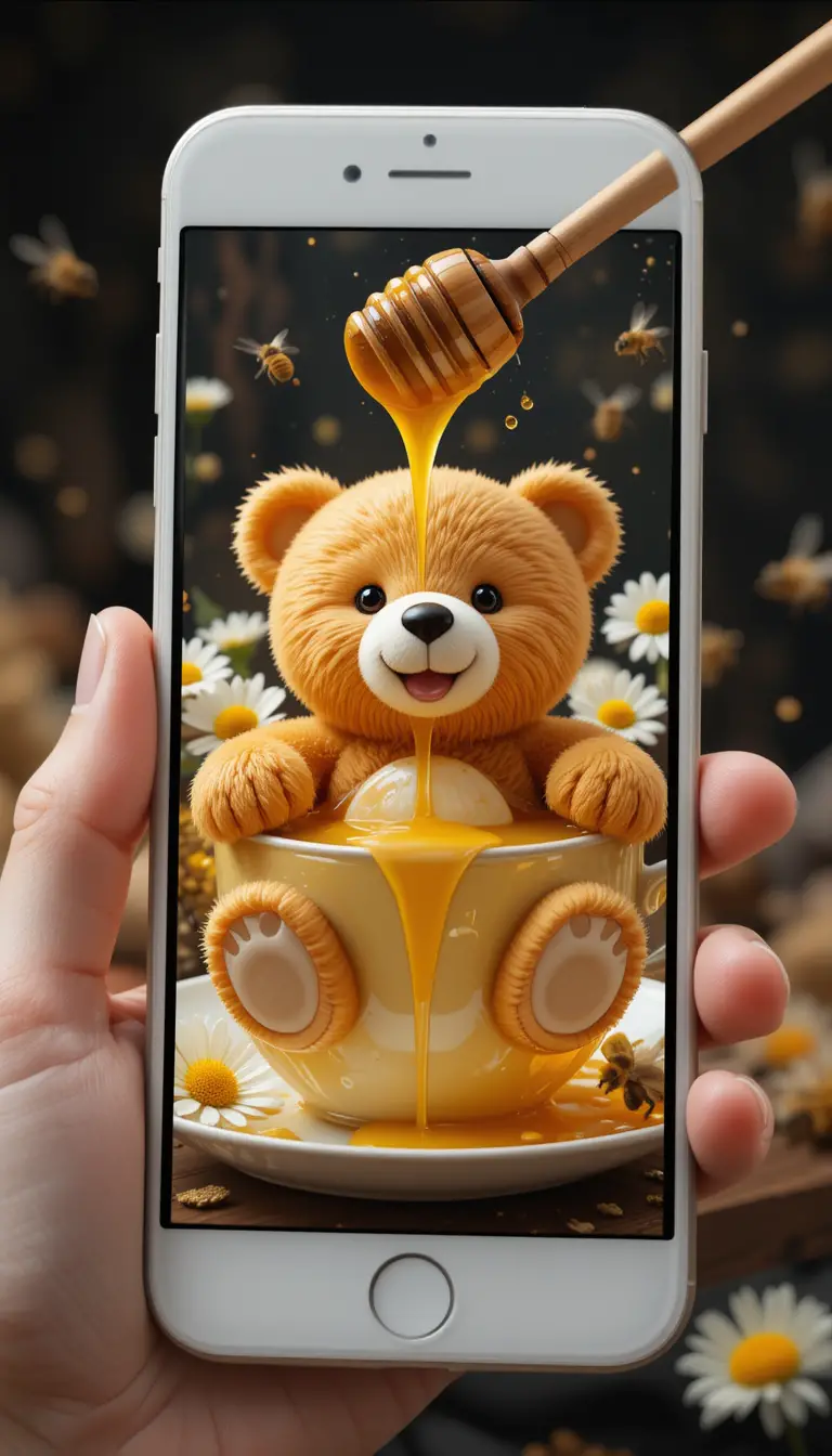 Cute teddy bear in honey teacup emerging from smartphone
