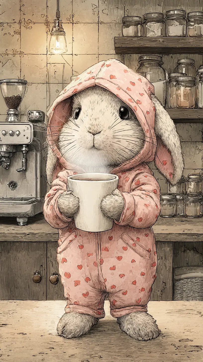 田舎風カフェでコーヒーを楽しむかわいい赤ちゃんウサギ