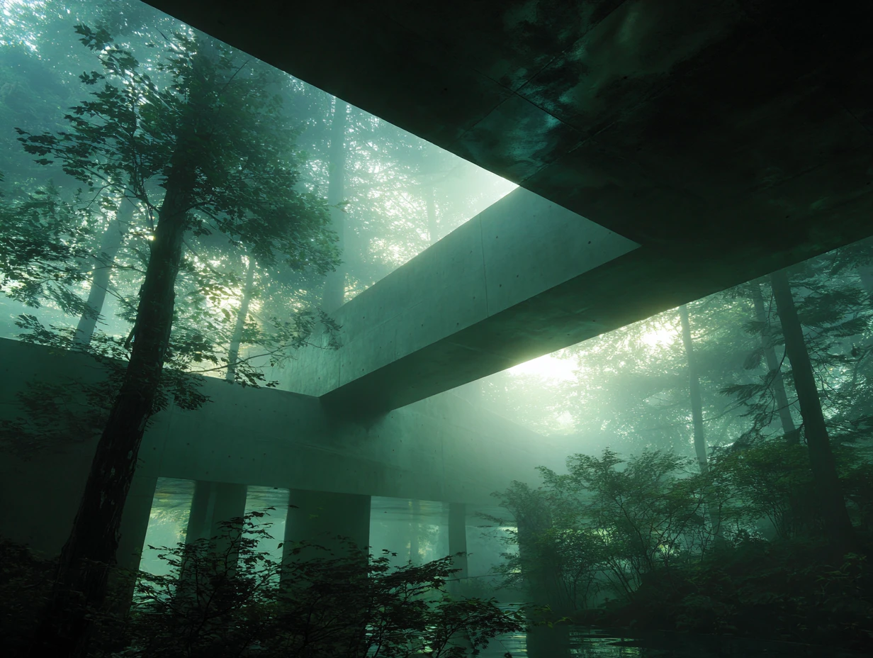 Concrete architecture rising through fog in a mountain forest