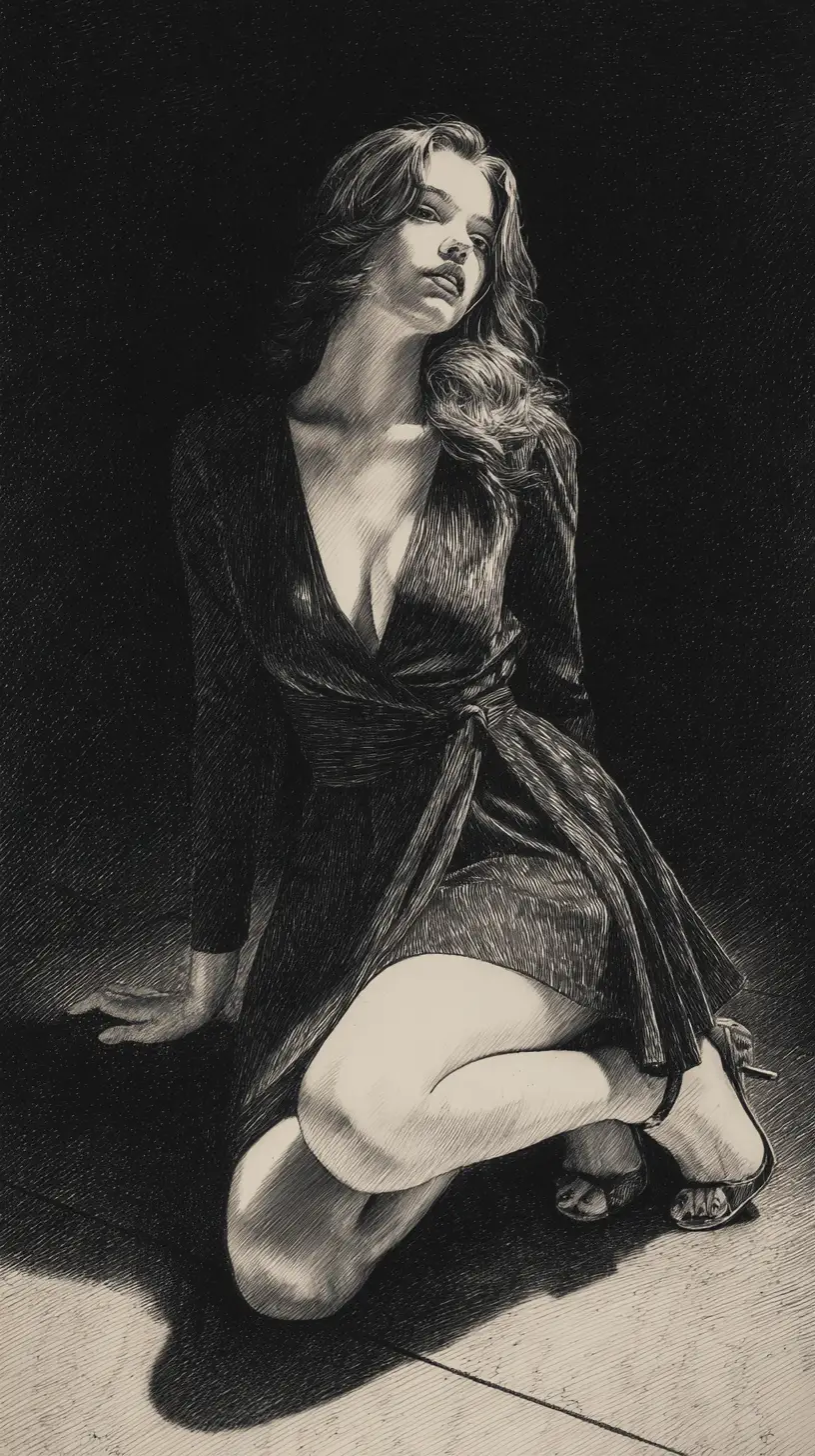 Elegant woman crouching in graphite chiaroscuro night scene