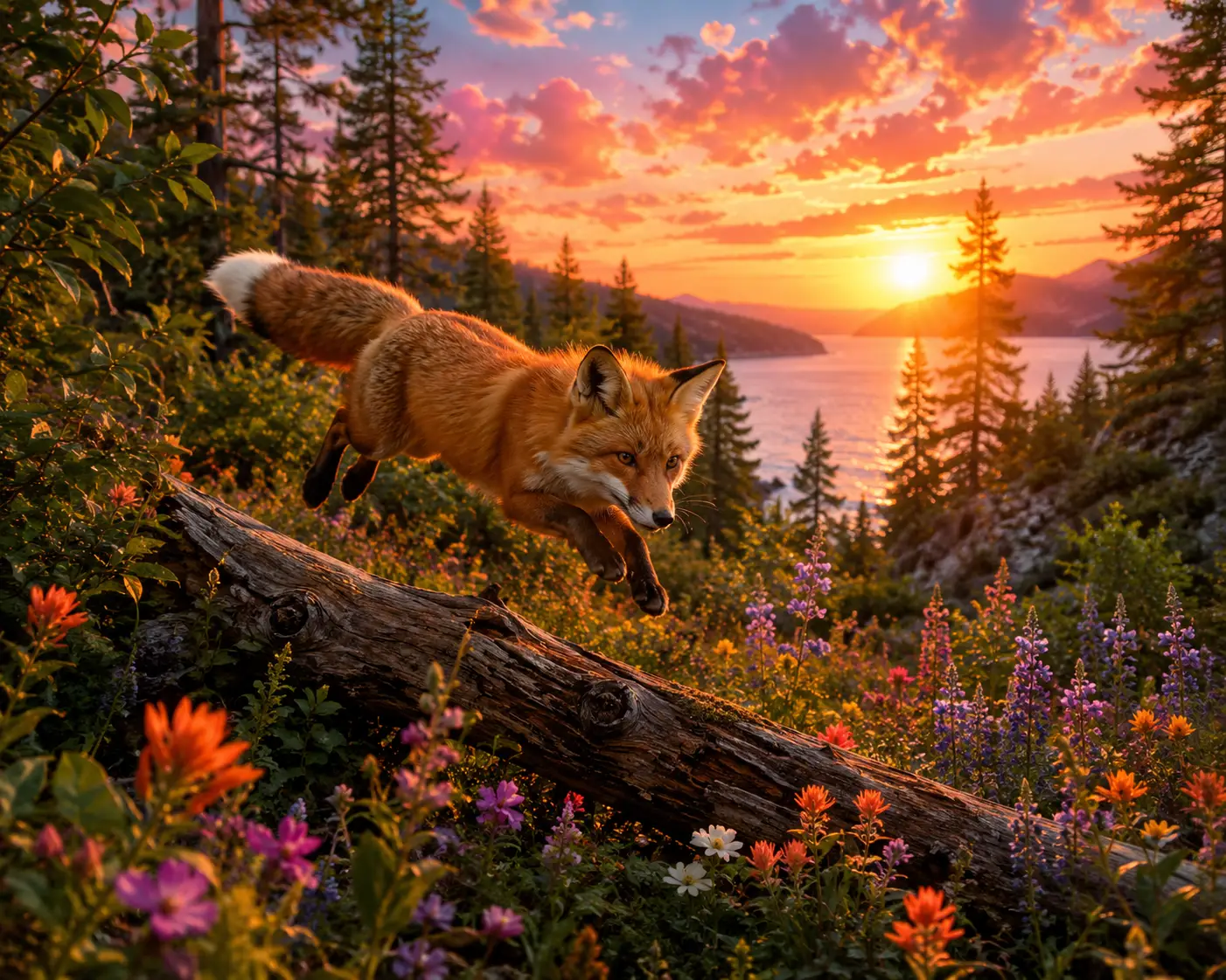 Fuchs springt über umgestürzten Baumstamm in einem sonnendurchfluteten Wald