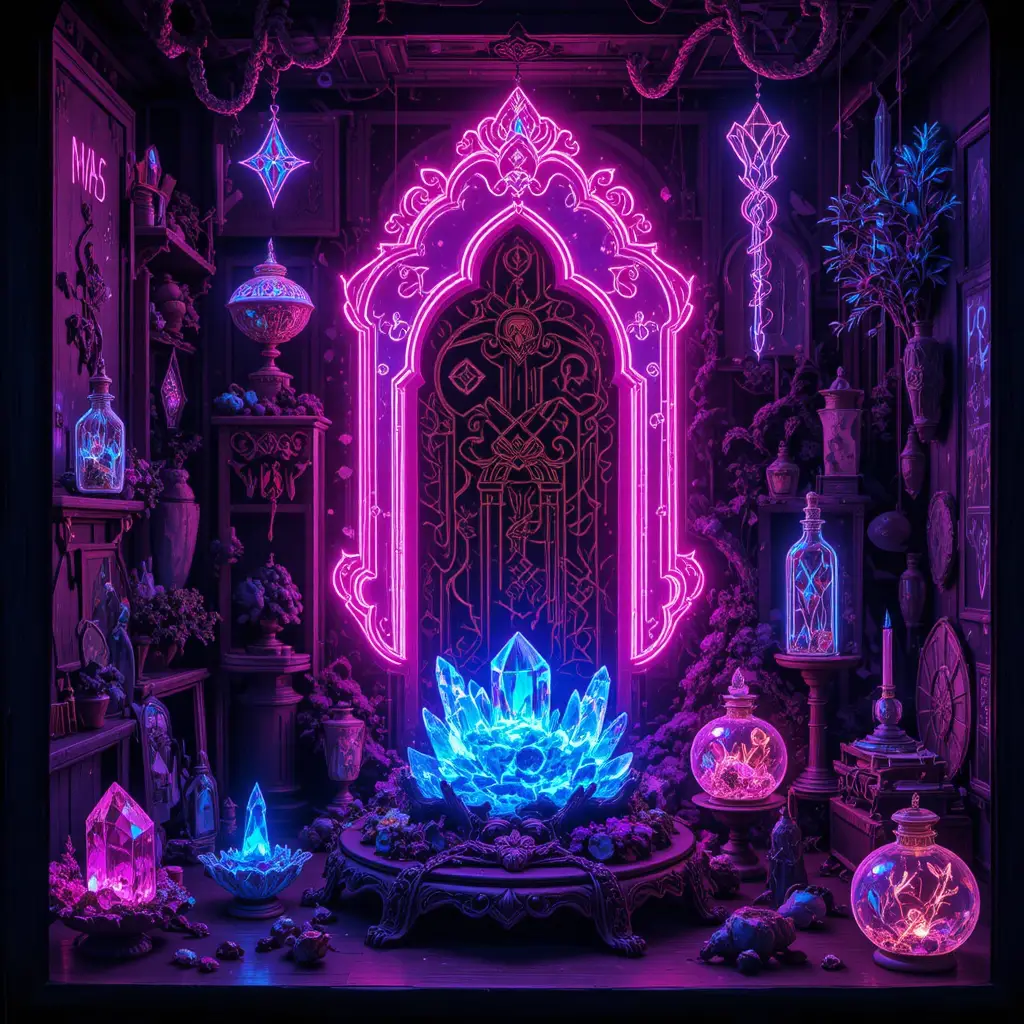 Relique mystique en cristal en style art linéaire néon
