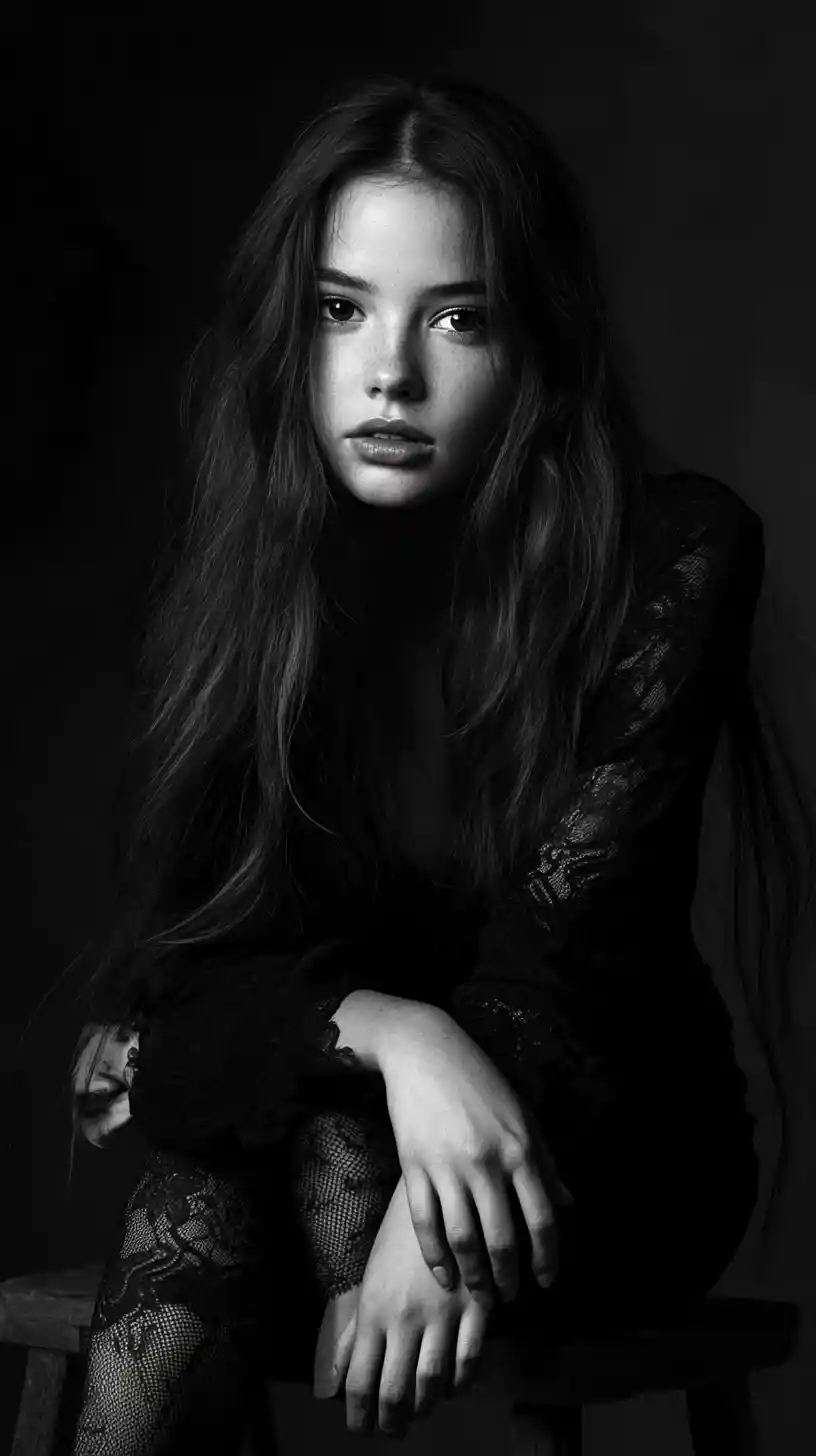 Moody studio portrait of a young woman on stool