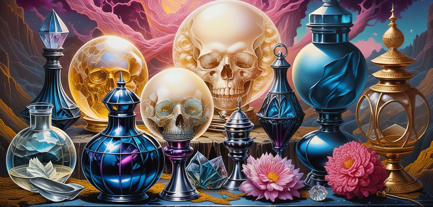 Fantasy apothecary table with crystals and magical curiosities