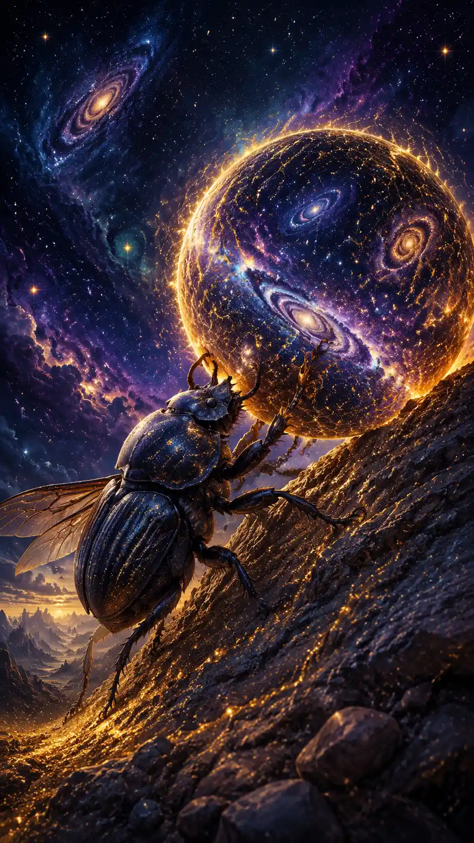 Heroic dung beetle pushing a glowing cosmic sphere