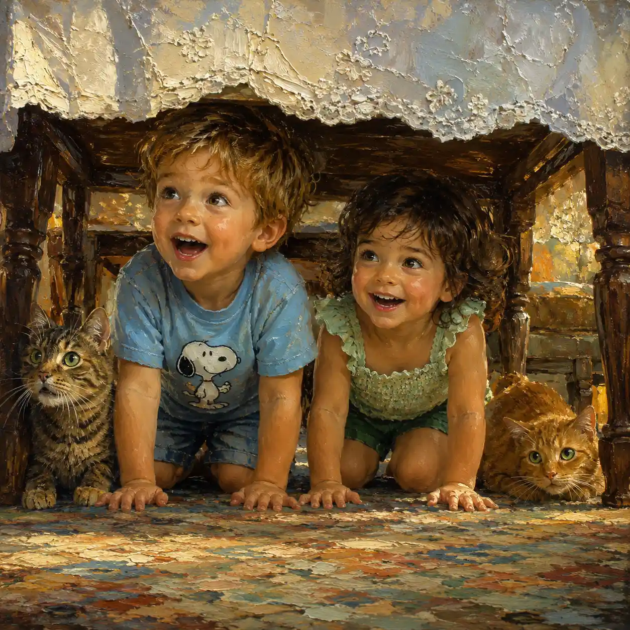 Kleinkinder spielen mit Katzen unter einem Esstisch