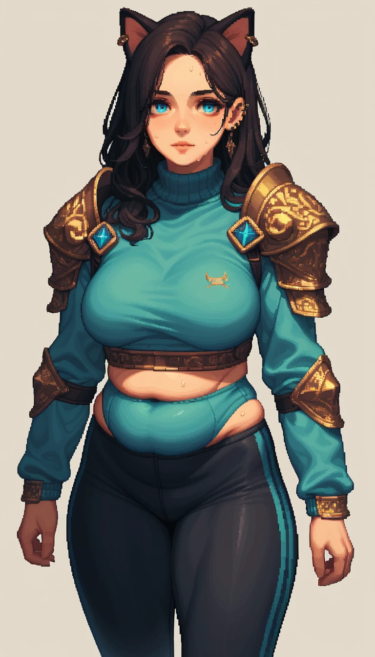 Sweaty anime woman with cat ears in sporty outfit