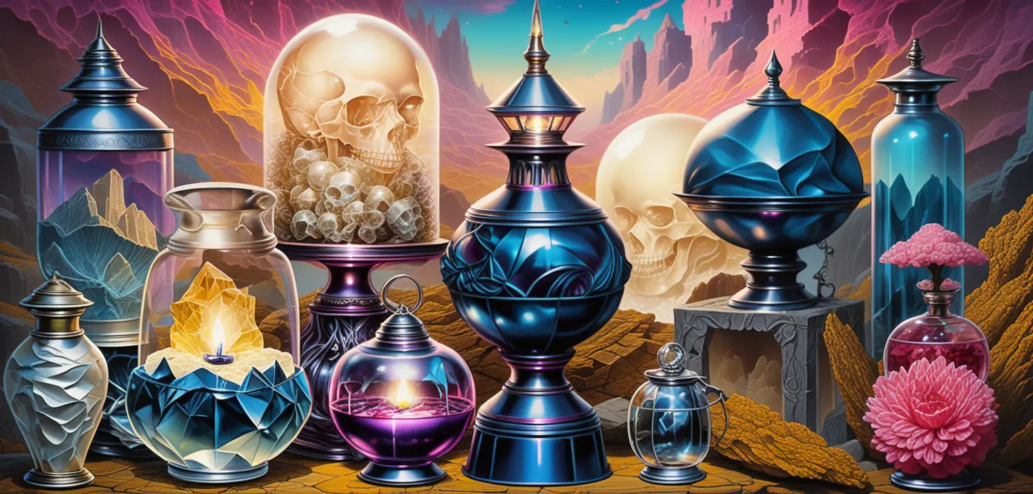 Fantasy crystal clusters on a lavish apothecary tabletop