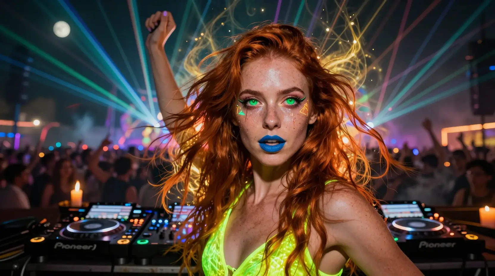 Rothaarige Frau tanzt auf einer Neon-Psytrance-Festivalbühne
