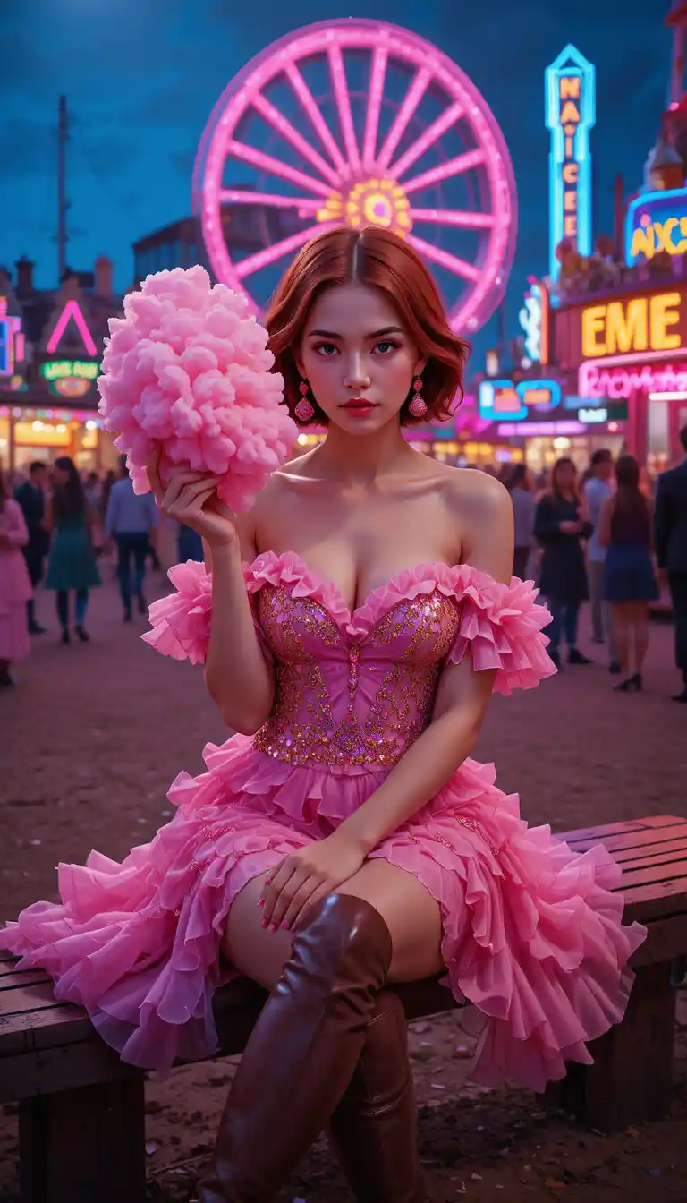 Woman in pink dress with cotton candy at neon carnival