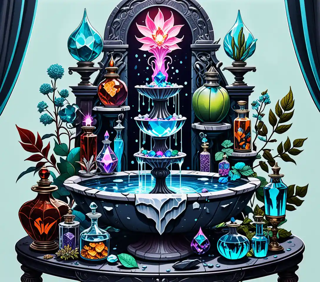 Mystical Line Art Apothecary With Ornate Glass Fountain