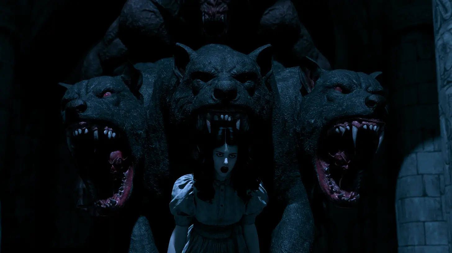 Three headed hell hound confronting a terrified woman
