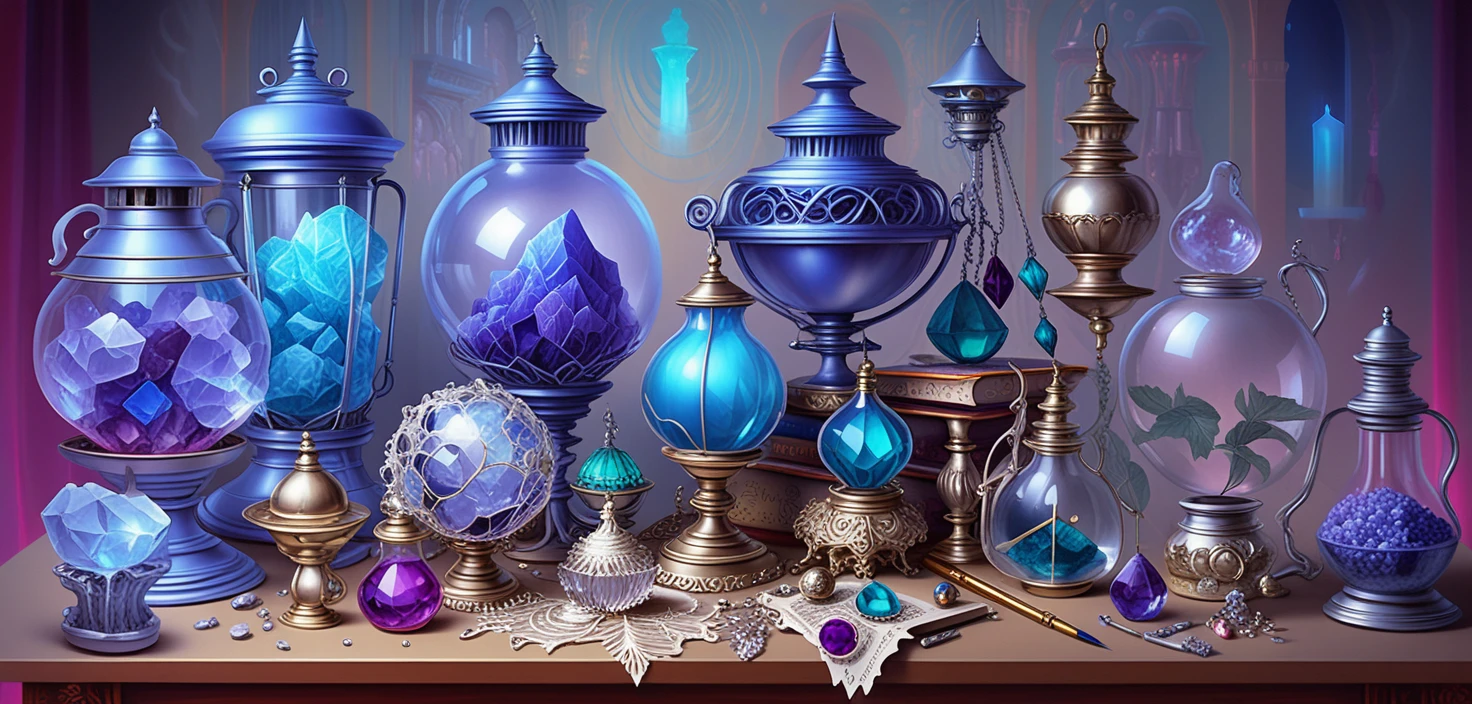 Fantasy tabletop crystals and magical curios in apothecary shop