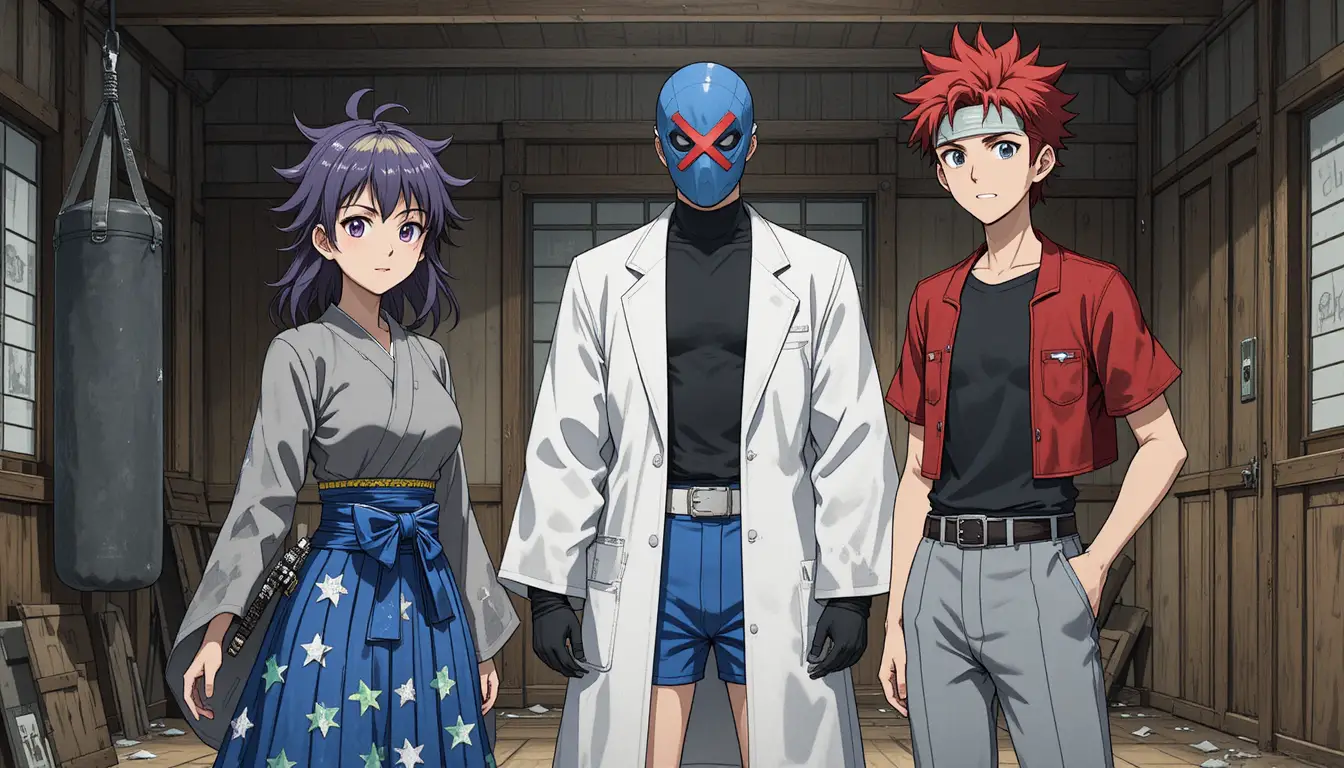 Anime trio in a dim indoor dojo with tense anticipation