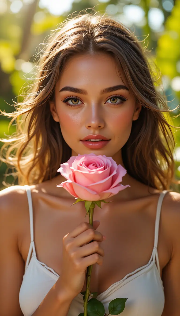 Frau hält rosa Rose im warmen tropischen Sonnenlicht