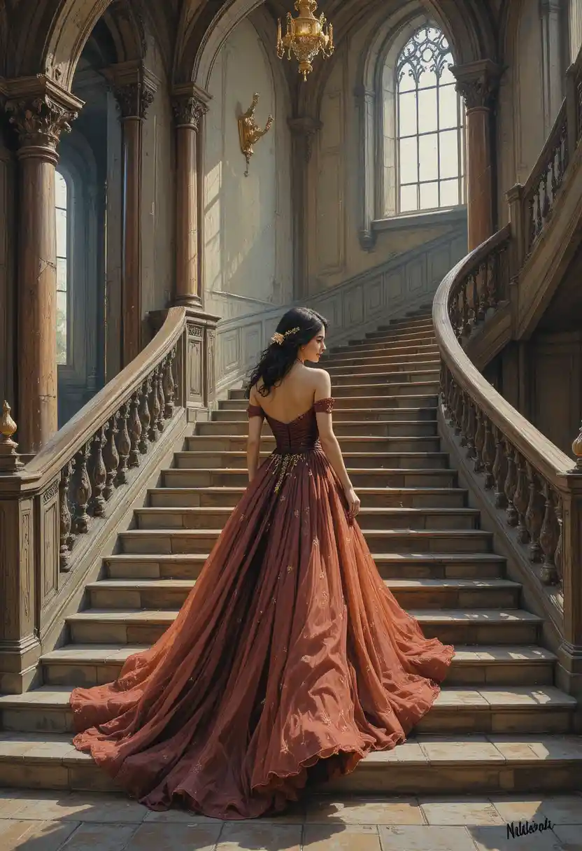 Elegante donna che scende una scalinata in un sontuoso interno di castello