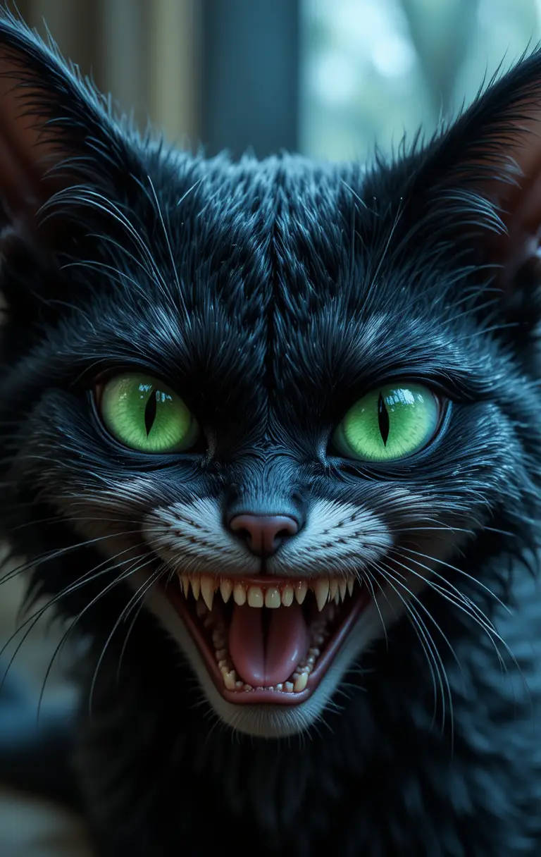 エメラルドのぐりぐり目と不気味な笑みを浮かべた黒猫