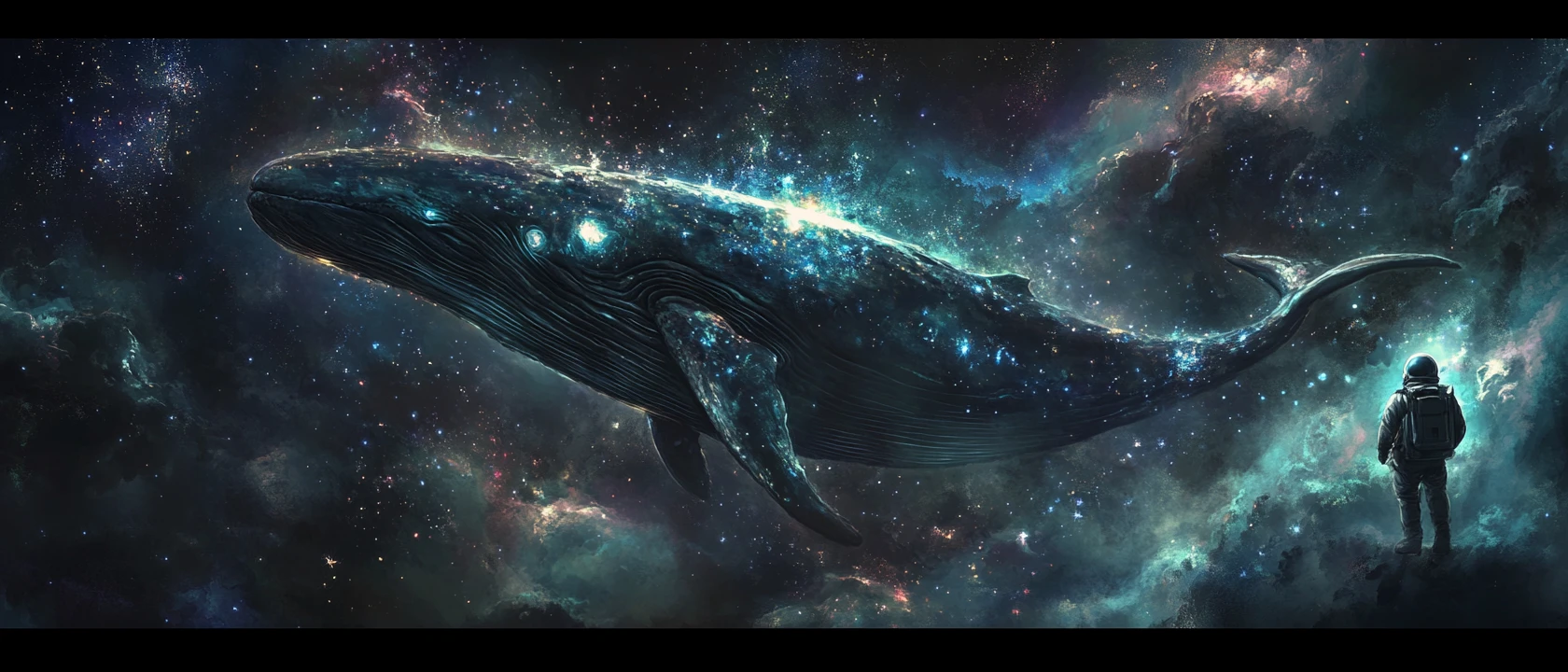 Astronaut Floating Beside A Luminous Cosmic Whale In Space