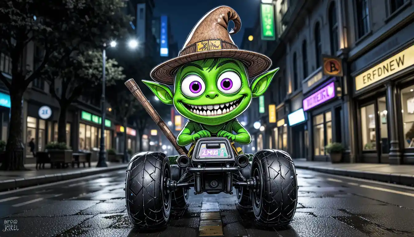 Green cartoon monster riding a small vehicle at night
