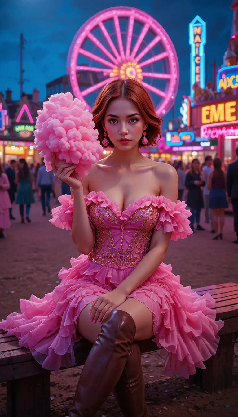 Frau im rosa Kleid mit Zuckerwatte auf einem Neon-Jahrmarkt