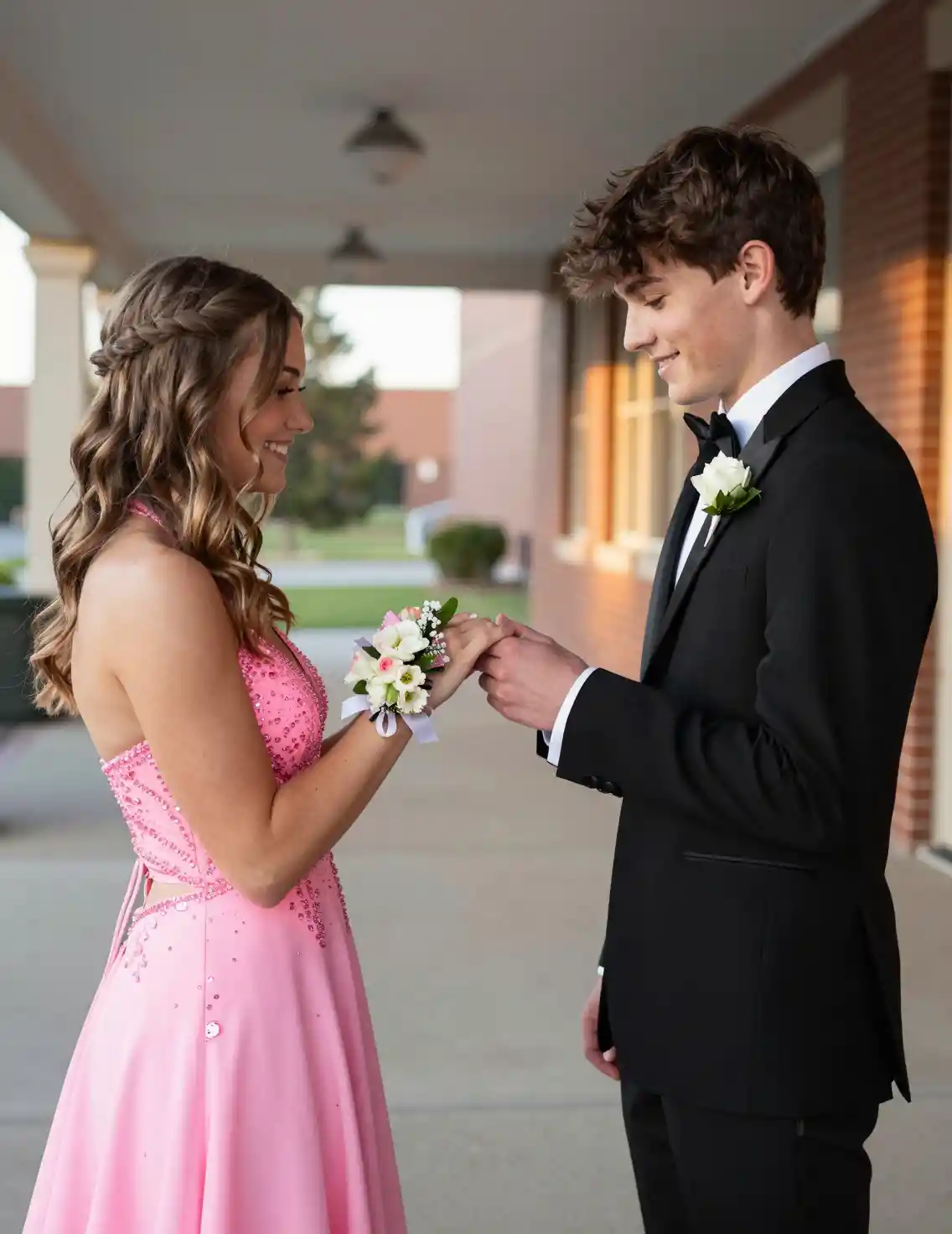 Teen couple sharing a corsage in a school hallway