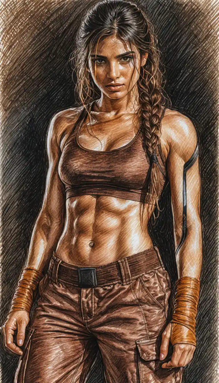 Athletic young woman in pencil hatched portrait drawing