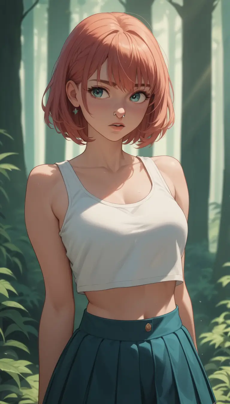 Colegial de anime de regata na luz de uma floresta enevoada
