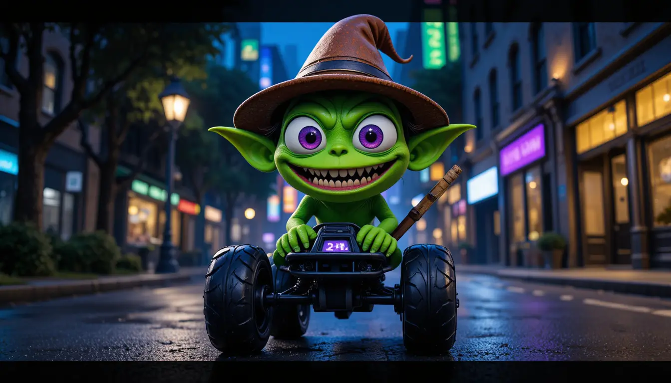 Grünes Cartoon-Monster fährt nachts ein kleines Fahrzeug