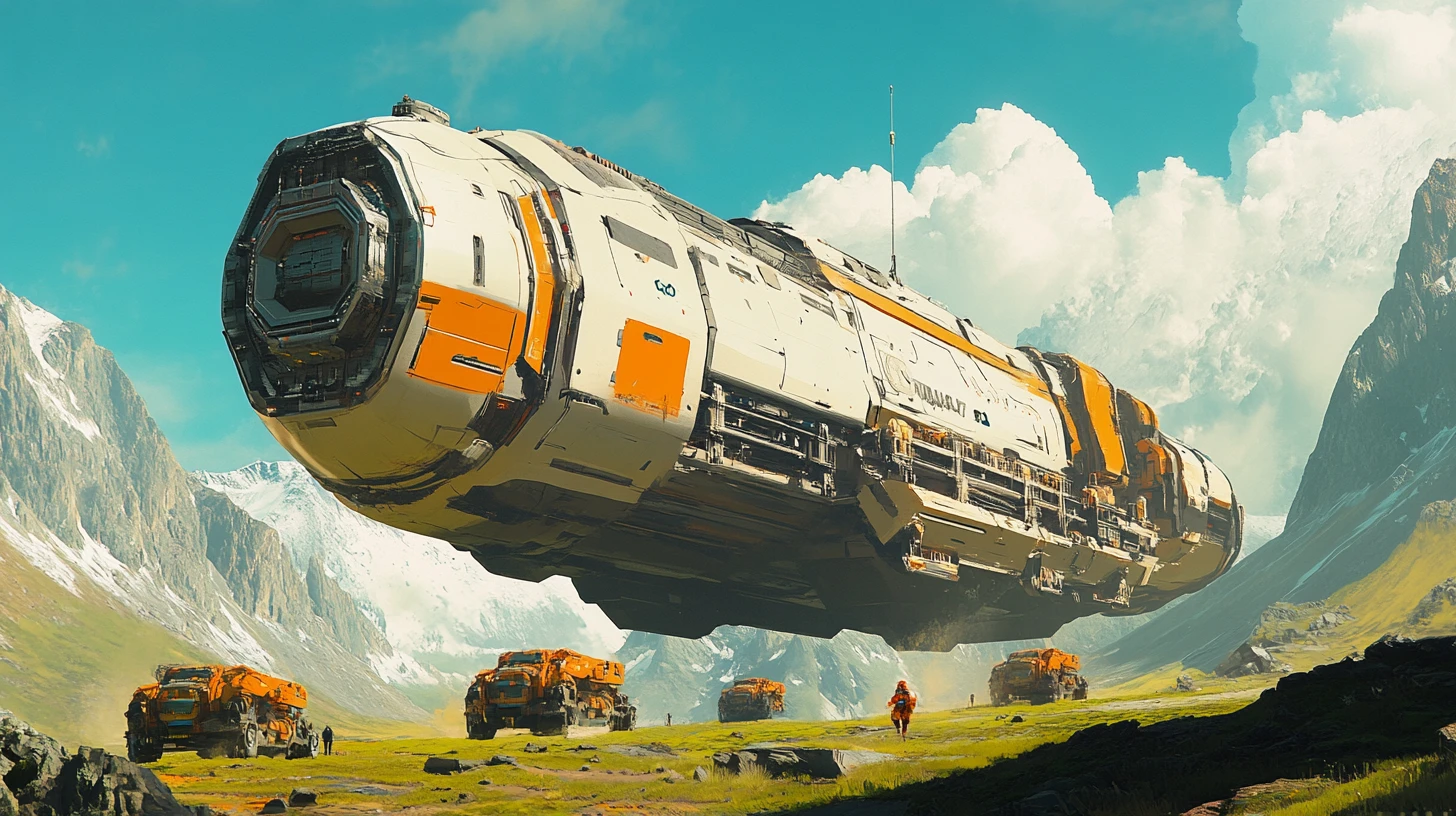 Colossal cargo starship landed in a lush alien valley