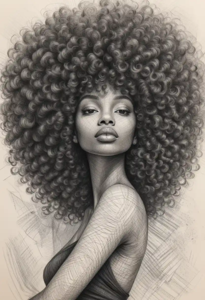 Serene black woman portrait with voluminous afro hair