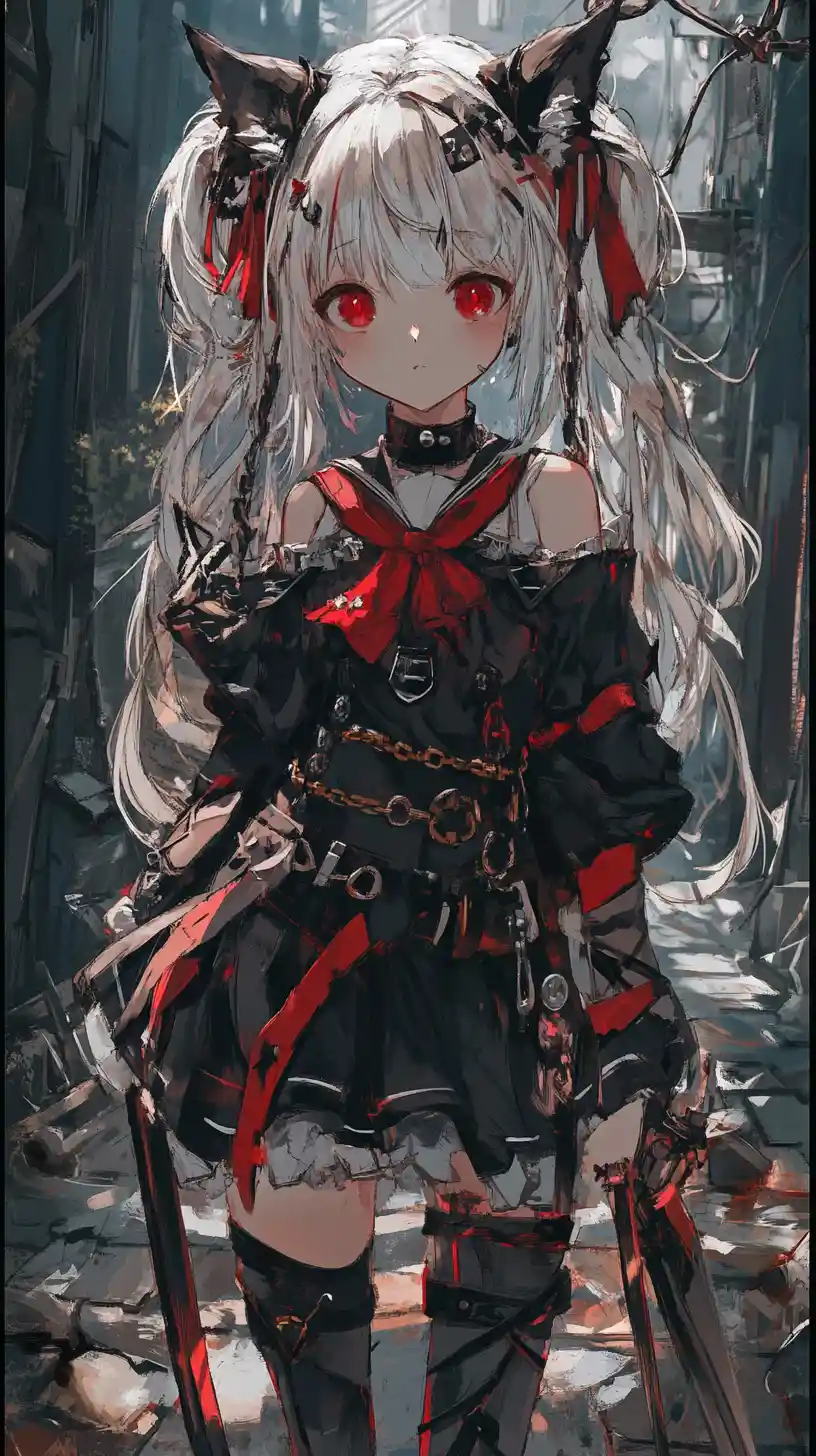 Ragazza anime con fiocco rosso e gonna nera con catene