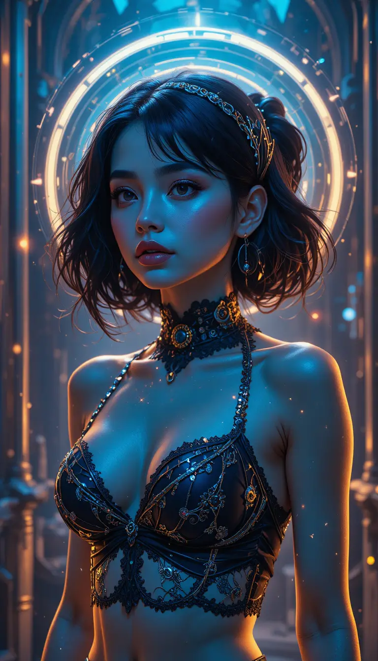 Jeune femme latine en portrait numérique néon gothique rétro-futuriste