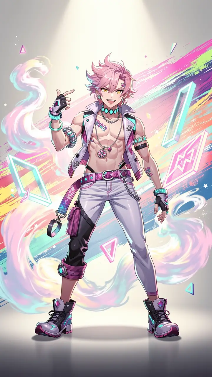 Vibrant theatrical anime illustration with pastel color depth
