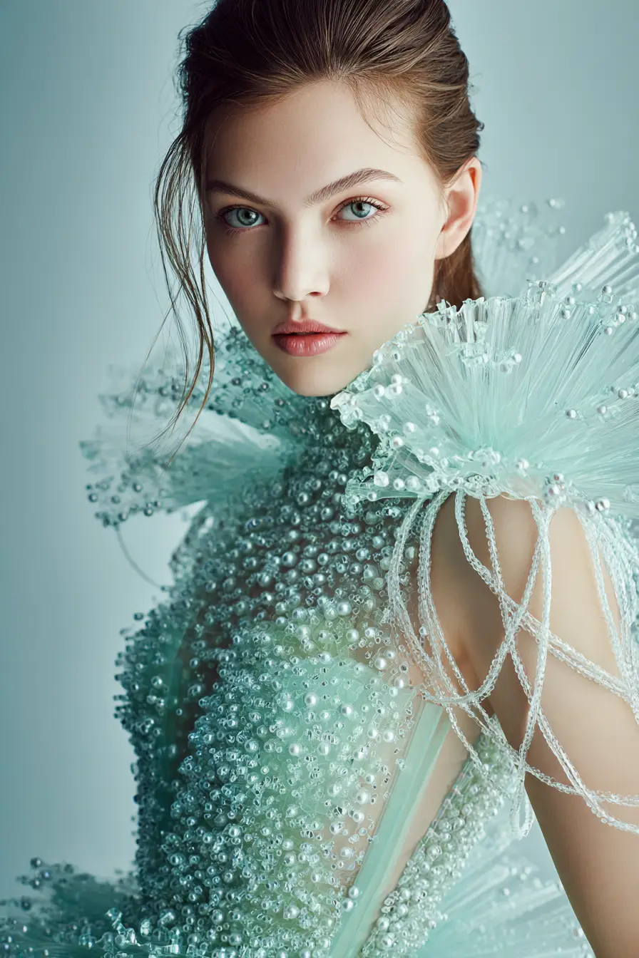 Mint green couture gown with pearls in fashion editorial