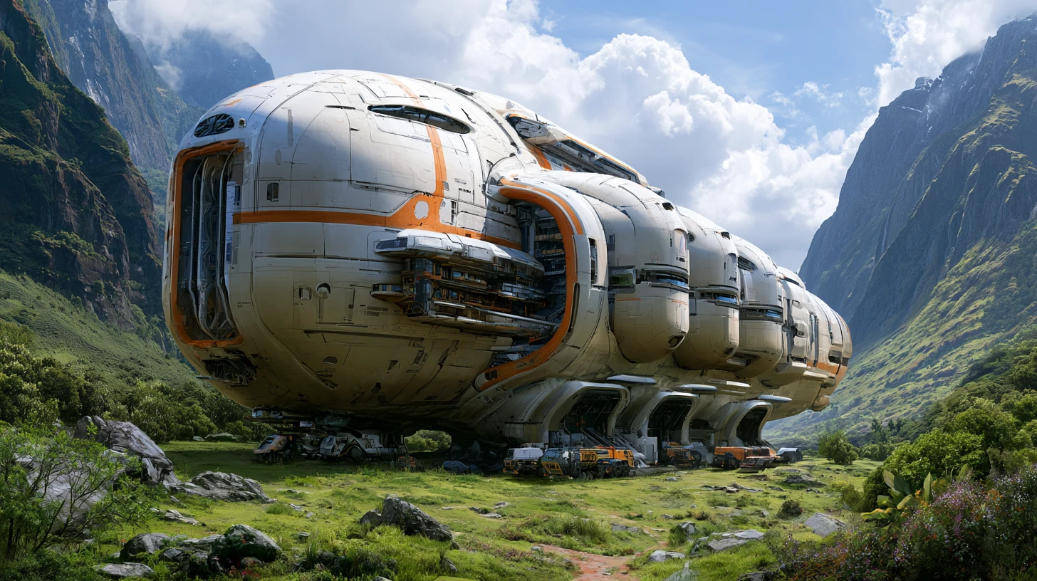 Colossal futuristic cargo spaceship landed on lush alien world