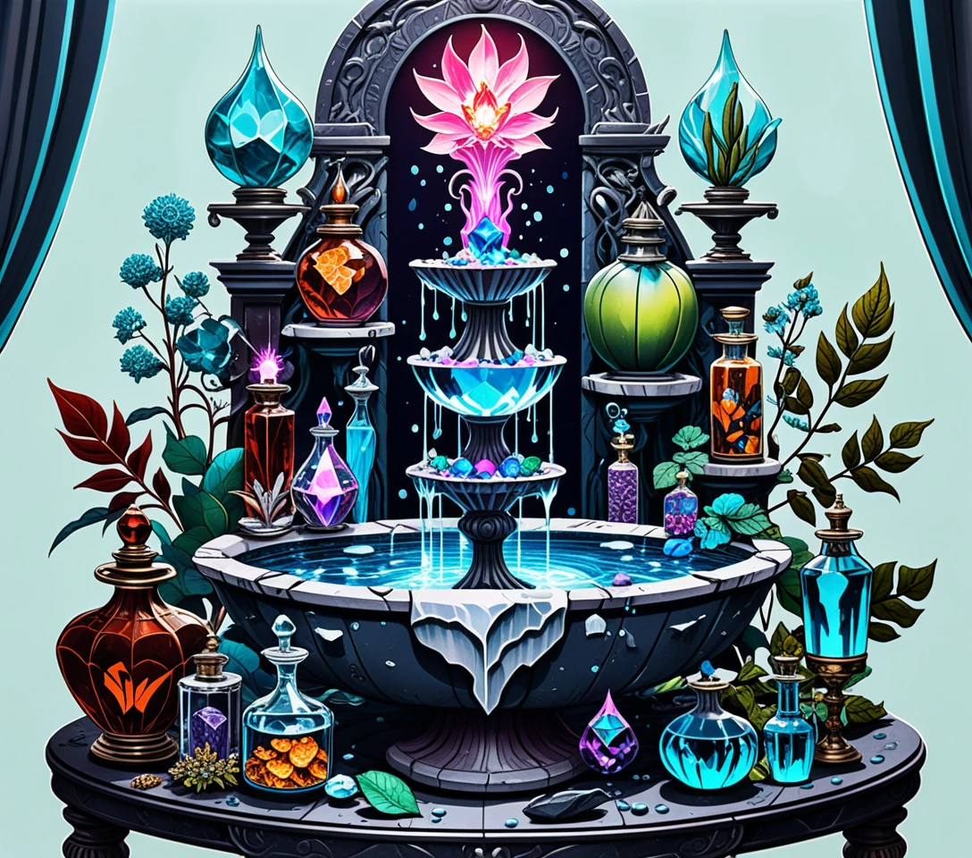 Mystical Line Art Apothecary With Ornate Glass Fountain