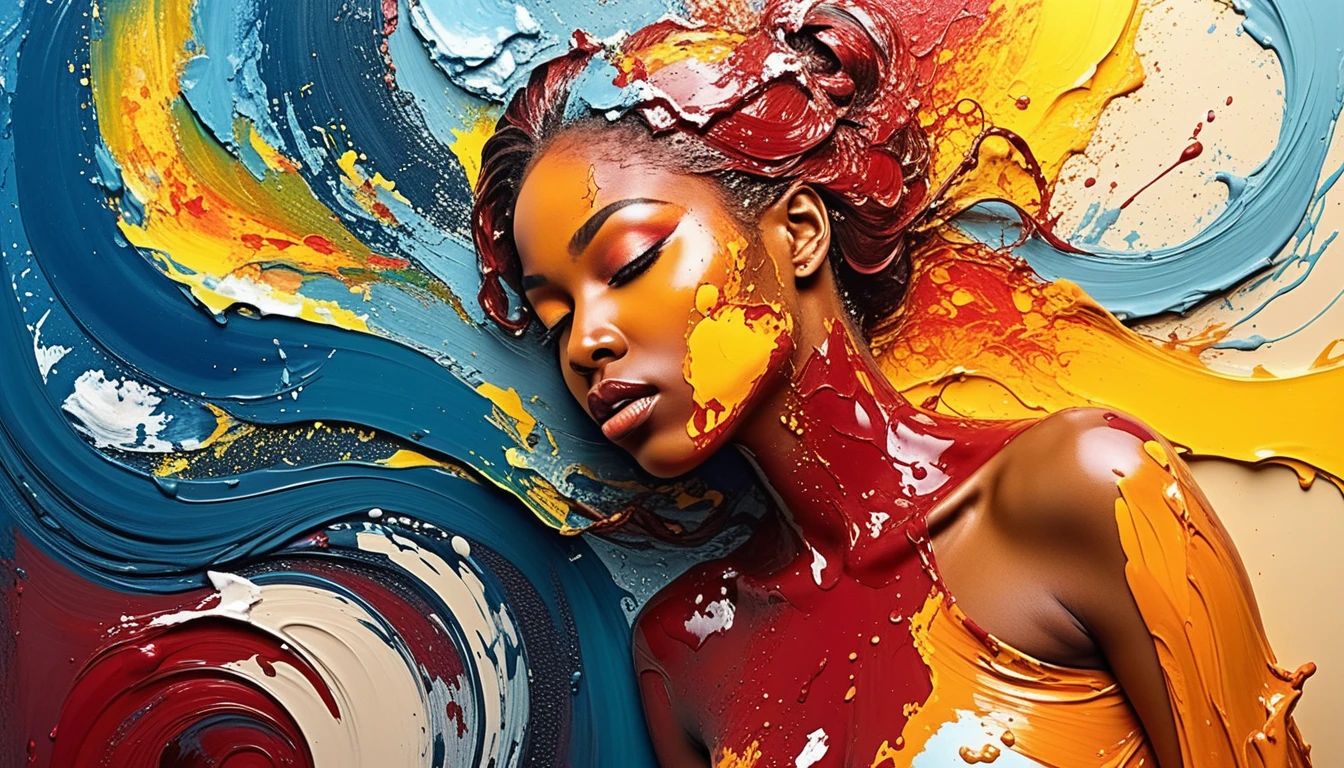 Surreal woman emerging from spilled paint on canvas