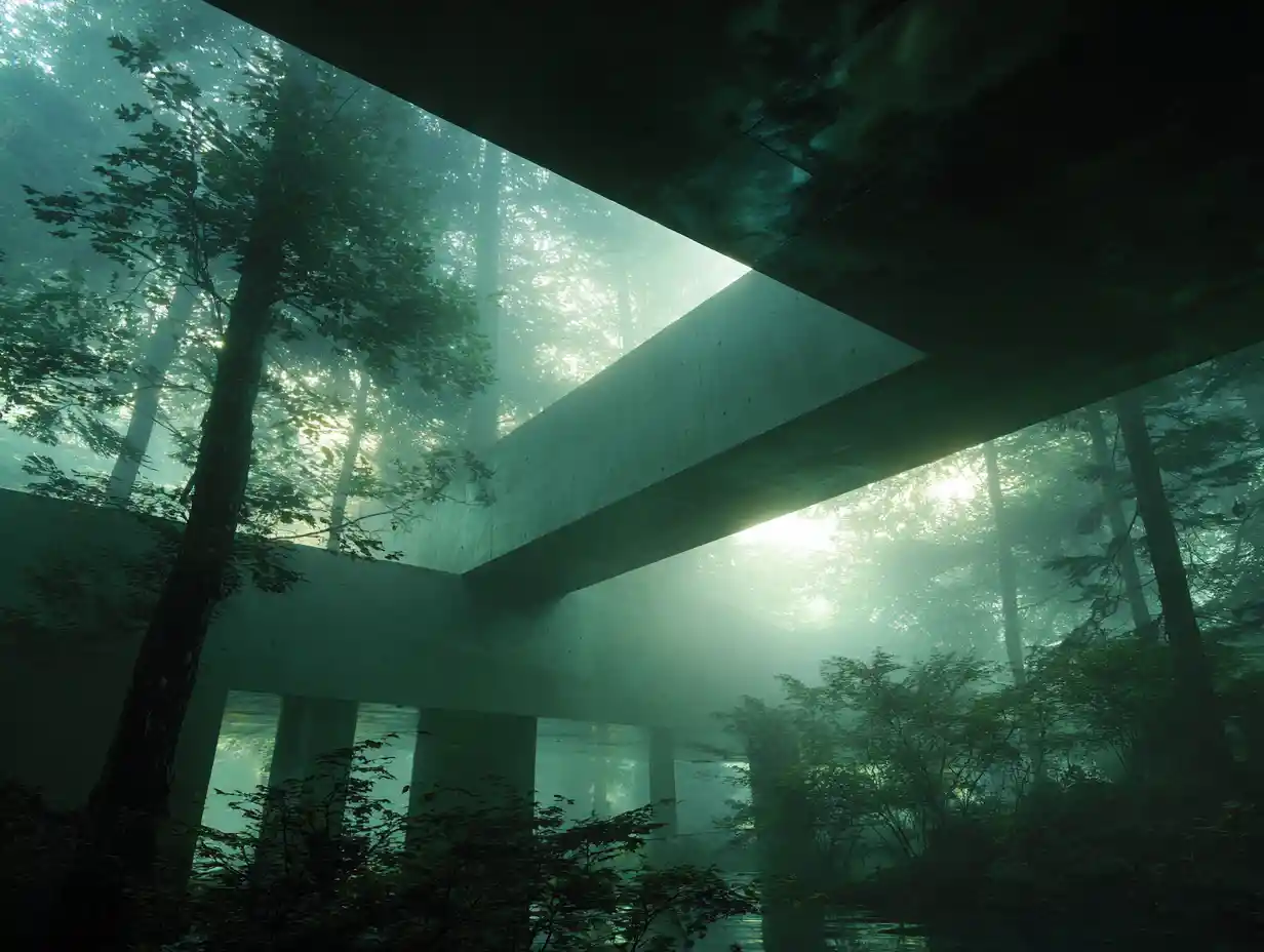Concrete architecture rising through fog in a mountain forest