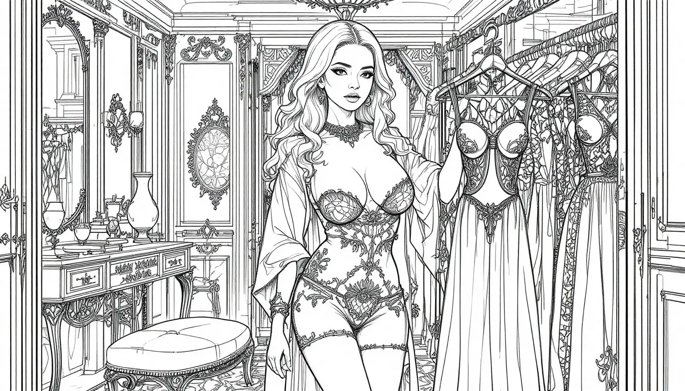 Glamorous blonde woman choosing dresses in walk in closet
