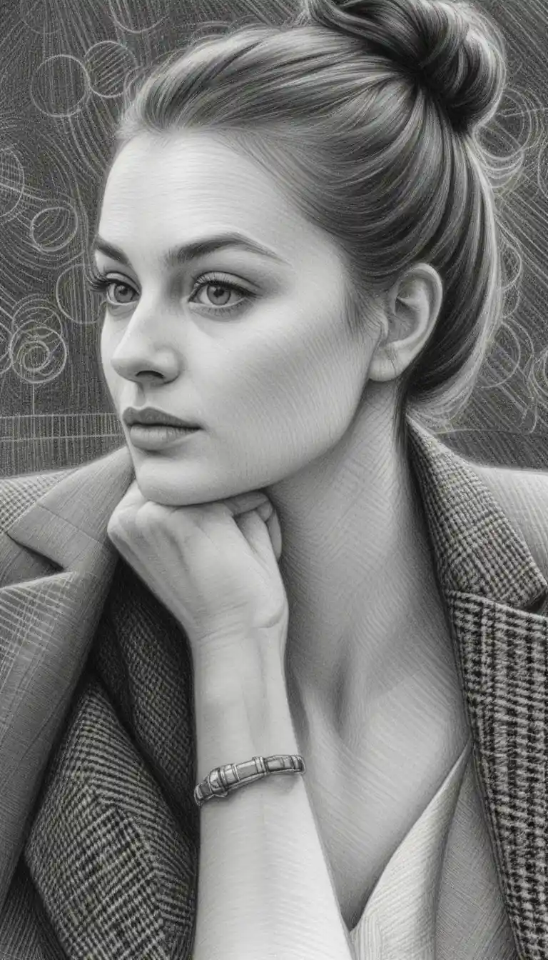 Ink portrait of a pensive young woman with messy bun