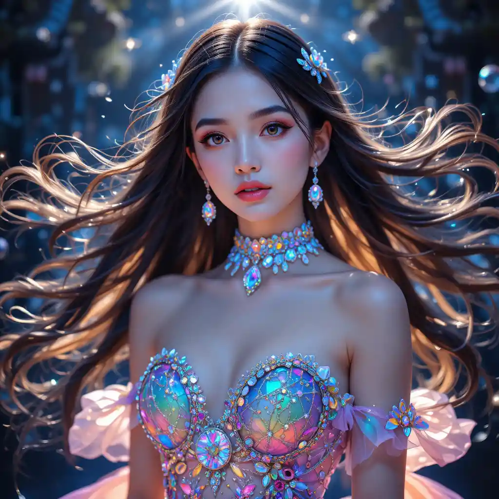 Glowing rainbow haired girl in a heavenly crystal dress