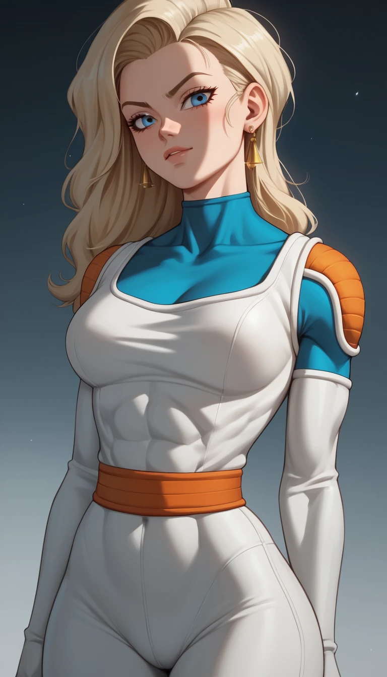 Dynamic anime heroine with platinum hair and blue eyes