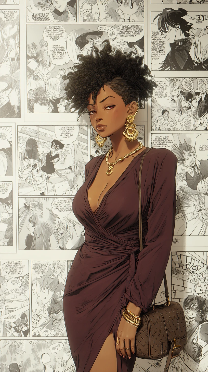 Stylish black woman in brown dress manga portrait
