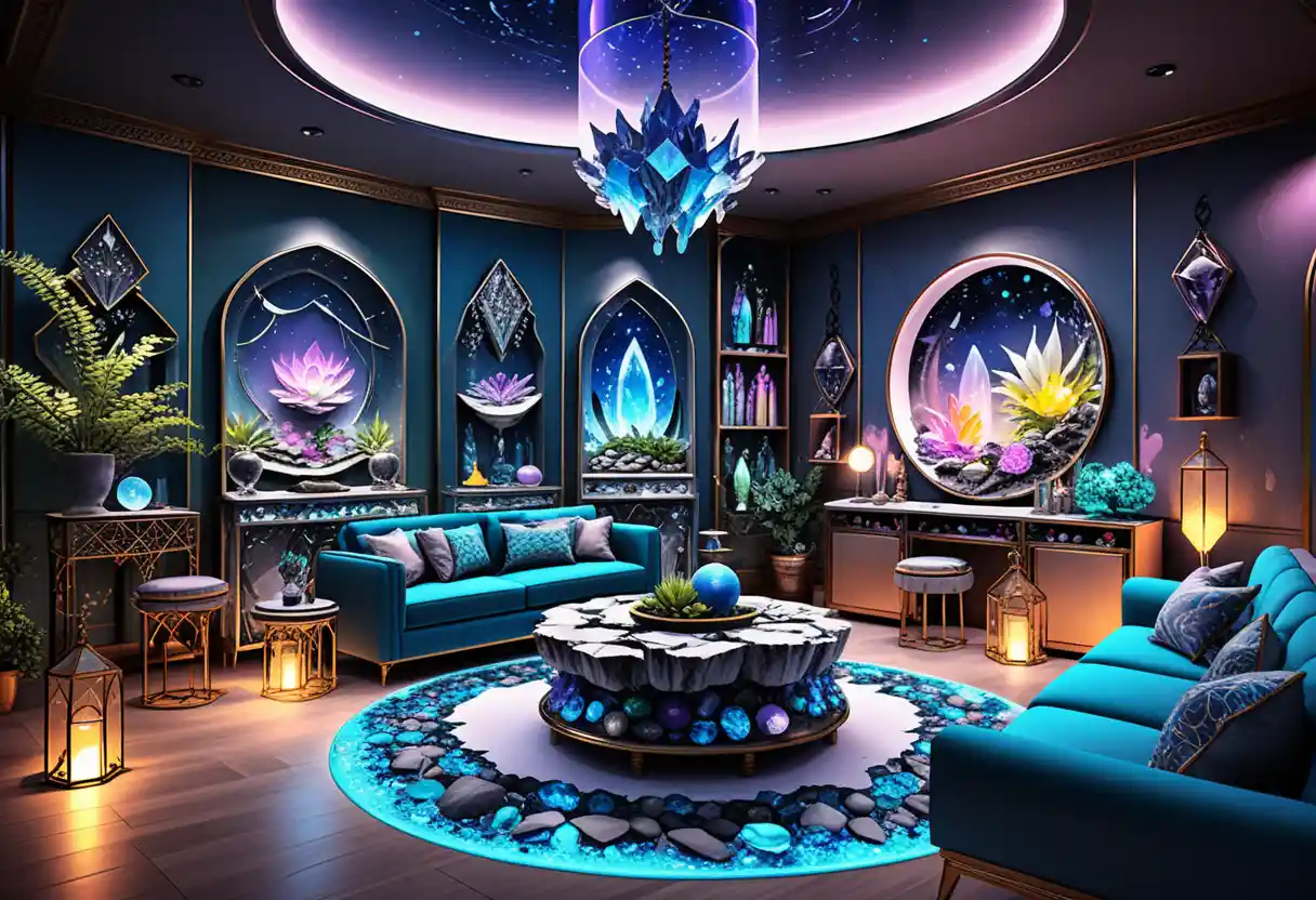 Mystical lounge with crystal displays and neon zodiac decor