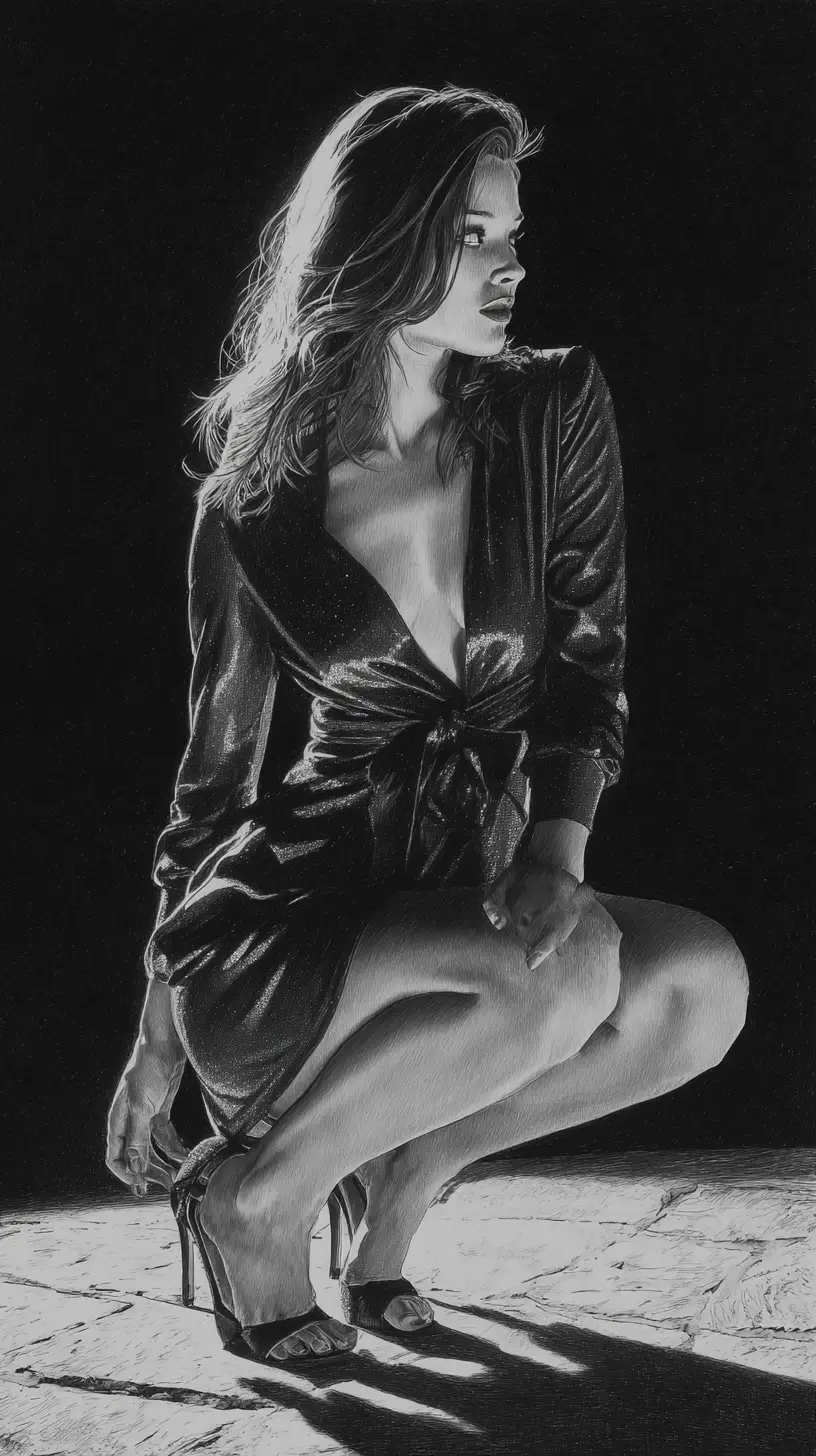 Elegant woman crouching at night in graphite drawing